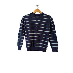 Nordstrom Kids Stripe Cotton Blend V-Neck Sweater Size L 10/12 Navy Mint Green
